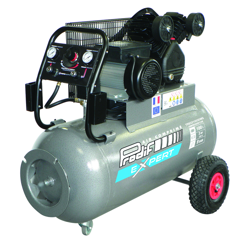 COMPRESSEUR 100 L PRO 3 CV 9 BARS 270L/MN 21M3/H GROSSES ROUES GAMME PRO
