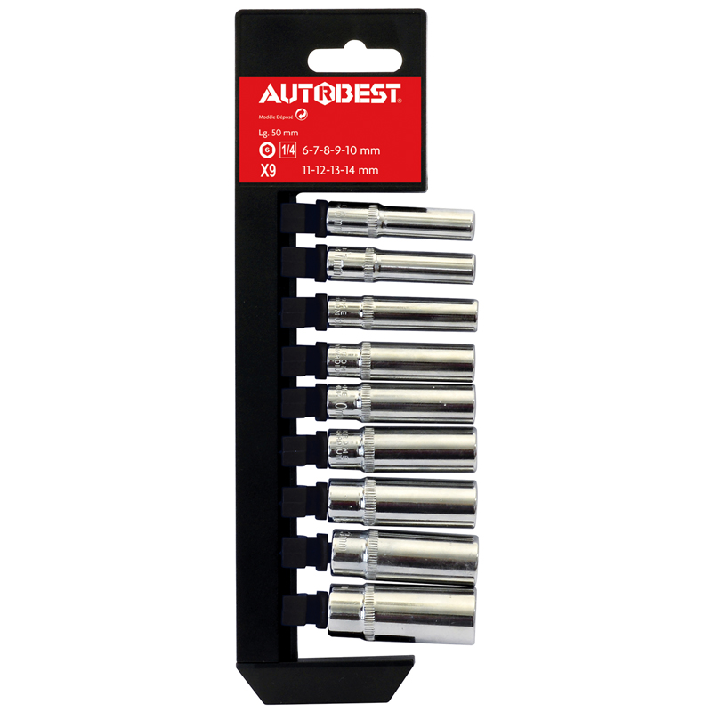 JEU DE 9 DOUILLES LONGUES 6 PANS CARRE 1/4